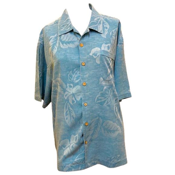 Jamaica Jaxx Light Blue Hawaii Flower Beachy Silk Short Sleeve Button‎ Do… - Picture 1 of 10